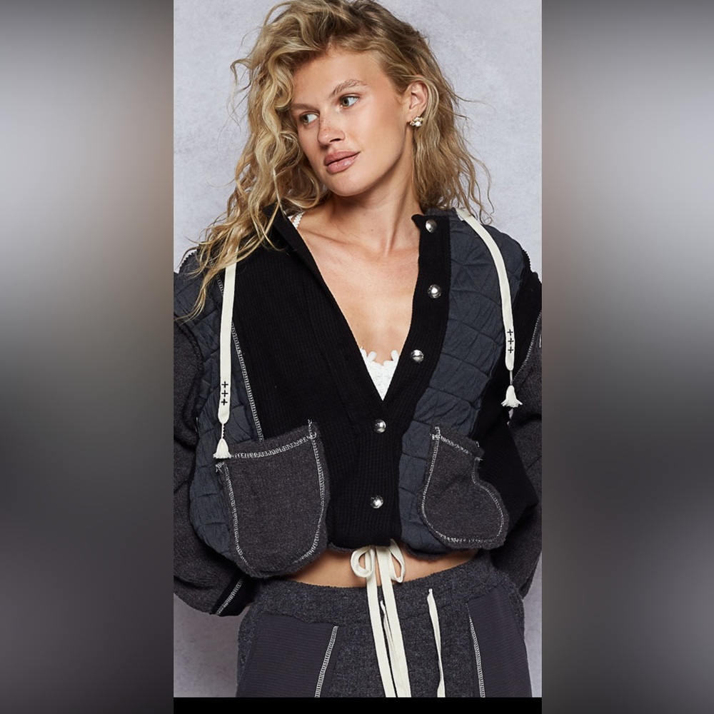 Pol Black and Gray hoodie in rib woth quilted contrast amazing silver buttons